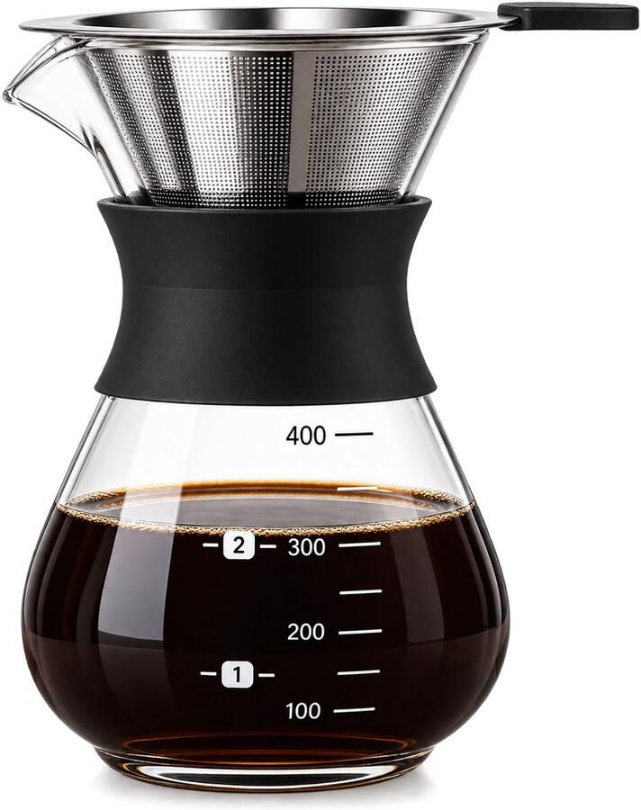 Pour Over Koffiezetapparaat 400 ml – Slow Coffee Maker met Herbruikbaar RVS Koffiefilter – Glazen Koffiekan – Handmatige Dripper voor Filterkoffie