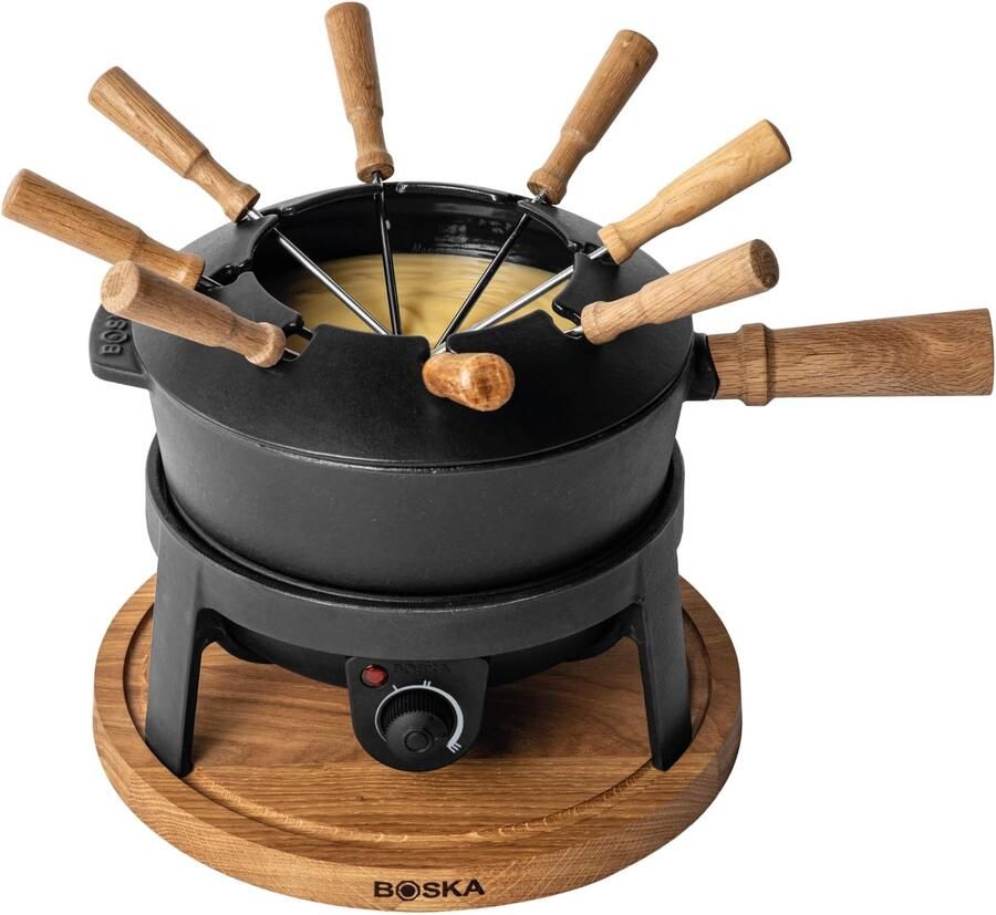 Elektrische Fondueset 2 Liter – Voor 8 Personen – Gietijzeren Fonduepan met Temperatuurregeling en 8 Vorken