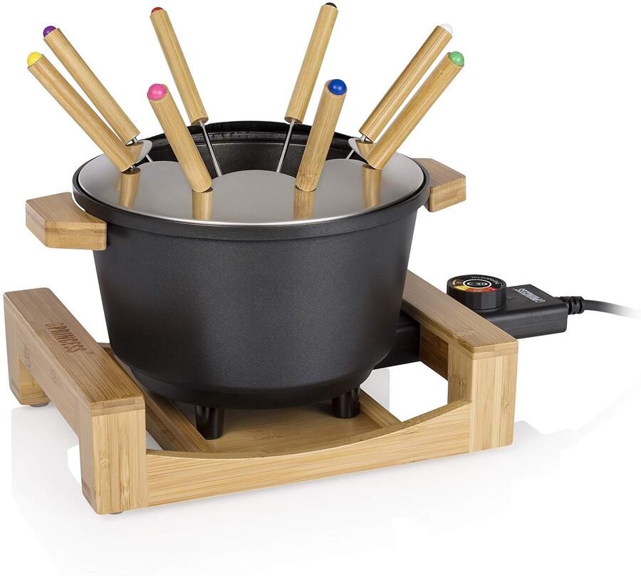 Elektrische Fondueset voor 8 Personen – 800W – 1 5 Liter – Instelbare Thermostaat – Uitneembare Pan – Bamboe Behuizing