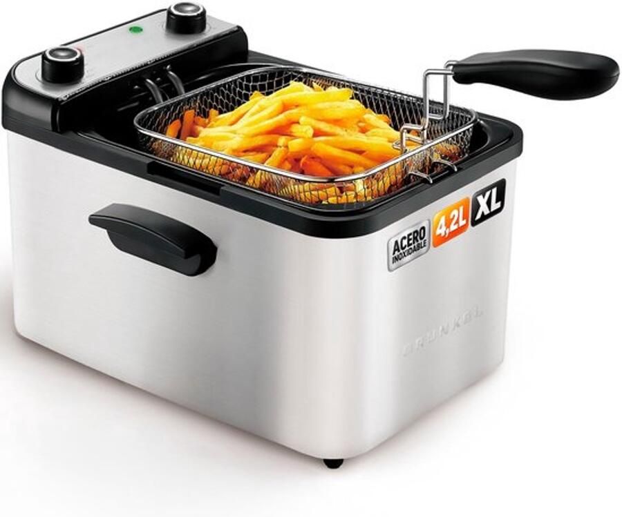 Elektrische friteuse met 4 2 liter inhoud. Maximaal frypro. Instelbare temperatuur en geurfilter. Thermostaat tot 190 °C van roestvrij staal. Oververhittingsbeveiliging (4 2 l)