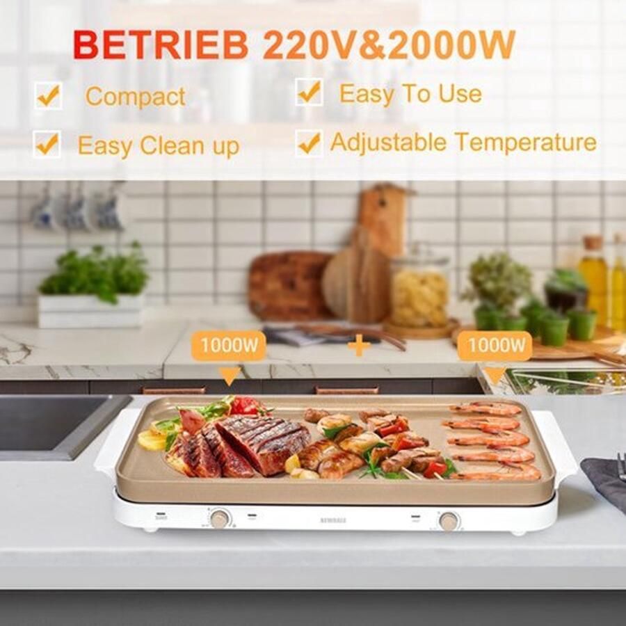Elektrische grill met 2 kookplaten Dubbele kookplaat Goud