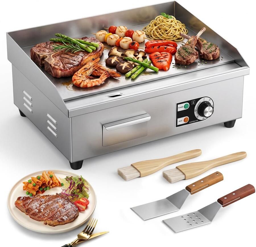Elektrische grillplaat 22 inch 3000 W grill van roestvrij staal met afneembare oliefilter en instelbare temperatuur (0-300 °C) anti-aanbakplaat voor restaurants keukens (55 cm)