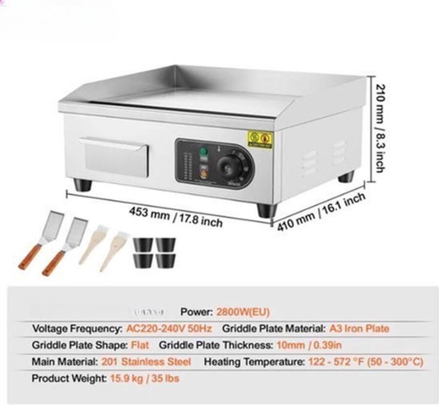 Elektrische Grillplaat Teppanyaki Grill voor Horeca Thuisgebruik Ruim Bakoppervlak 50-300°C Temperatuurregeling AC 220-240V 50Hz 2800W 18 inch RVS Zilver