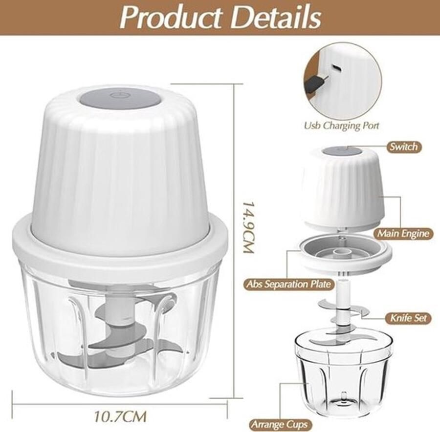 Elektrische hakmolen 400 ml groentesnijder uiensnijder elektrische multihakmolen mini-keukenmachine USB-oplaadbaar uiensnijder voor vlees knoflook babyvoeding uien