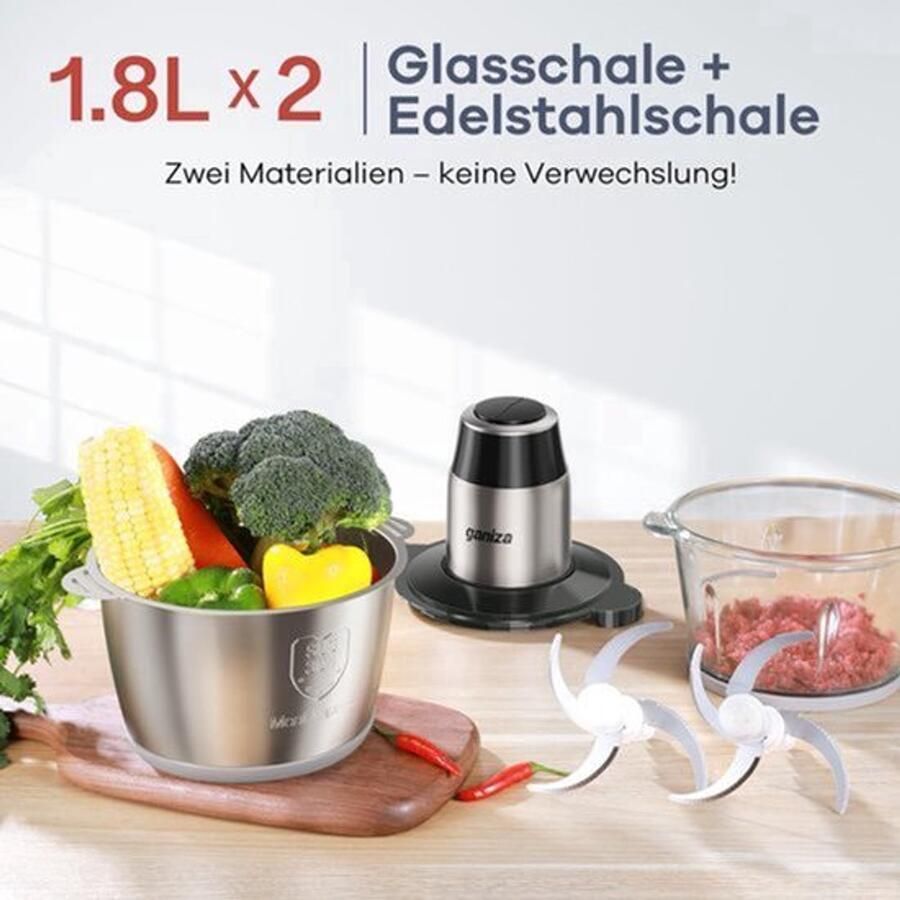 Elektrische hakmolen voor de keuken voedselverwerker vleesmolen met 2 kommen (1 8 l + 1 8 l) 2 dubbele messen 2 snelheden elektrische multifunctionele hakmolen voor vlees groenten noten