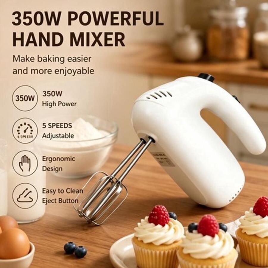 Elektrische handmixer 350 W handmixer met 5 snelheden handmixer elektrische garde ideaal voor room cake deeg eieren en bakken in de keuken wit