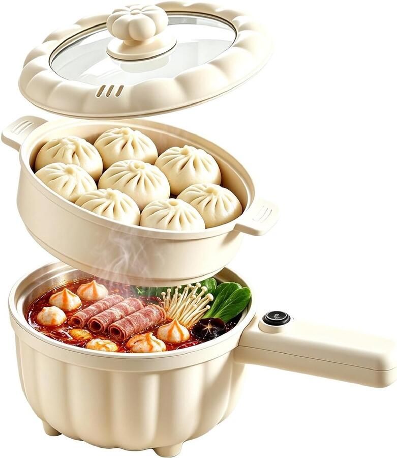 Elektrische Hot Pot Pompoenwit 2 l Draagbare Mini-Kookpan met Anti-aanbaklaag Voor Kantoor en Slaapzaal