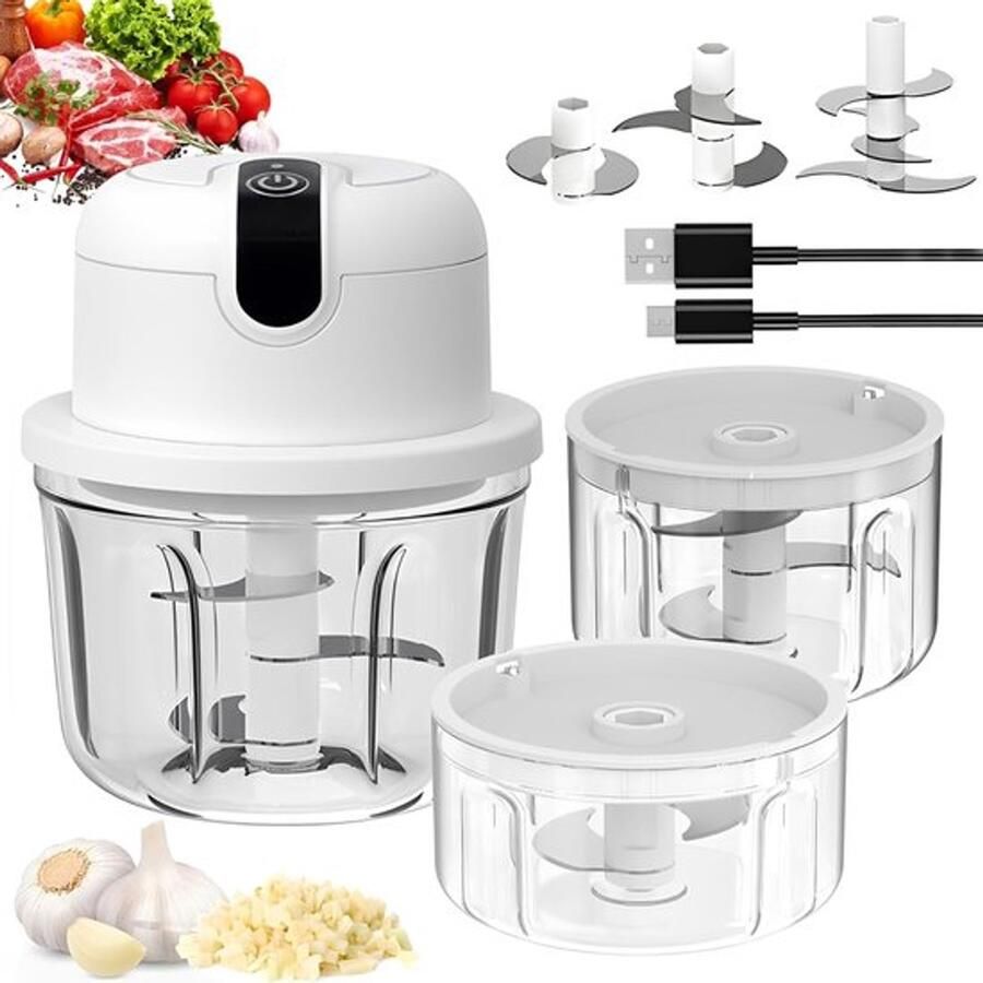 Elektrische keukenhakselaar 350 ml knoflookhakselaar USB-oplading groentesnijder mini-keukenmachine elektrische kleine uienhakker voor vlees uien knoflook (350 + 250 ml)