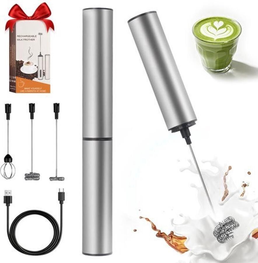 Elektrische Melkopschuimer met 3 Soorten Mengkoppen 2 Soorten Snelheid Elektrische Staafmixer Oplaadbaar via USB van Roestvrij Staal voor Koffie Melk en Meer