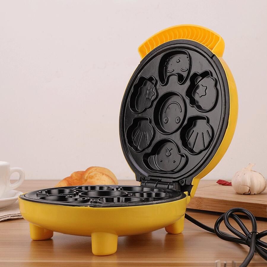 Elektrische ontbijtmaker grill met antiaanbaklaag en vormpjes (geschikt voor pannenkoeken en wafels) – een keukenapparaat waarmee je 7 pannenkoeken tegelijk kunt maken