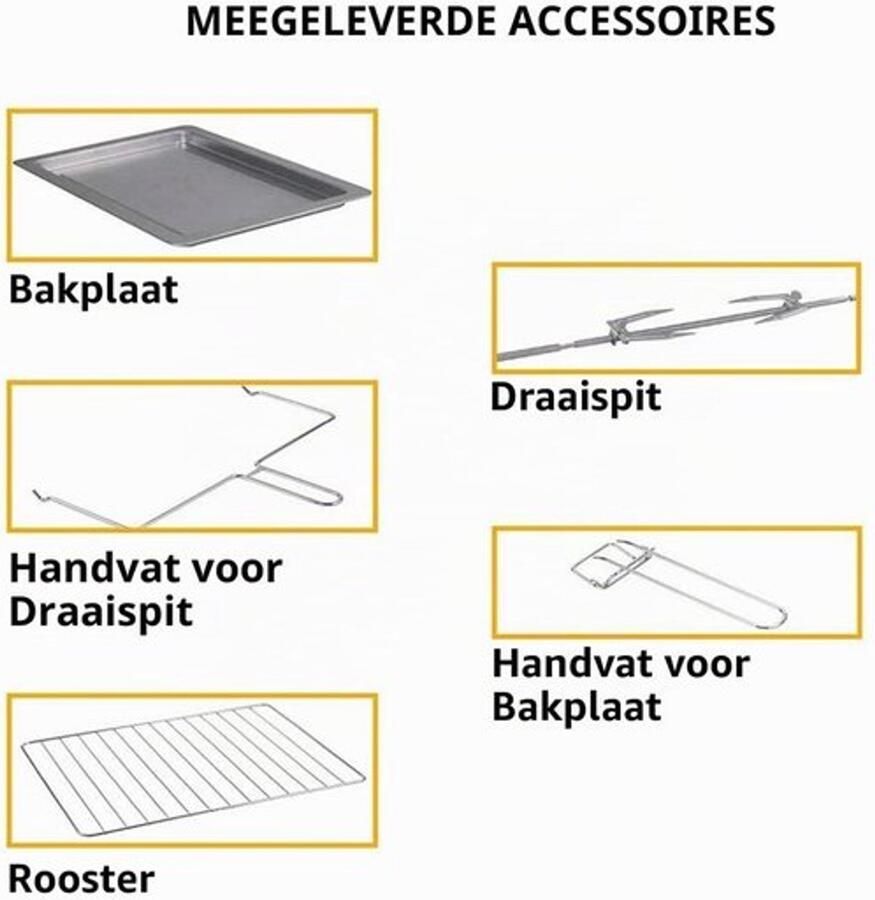 Elektrische oven met circulatielucht 55 l vermogen 2200 W met dubbele binnendeur 4 kookstanden instelbare temperatuur timer met draaispit en accessoires