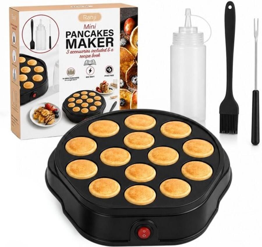 Elektrische Pannenkoekenmaker 800W – Pancake Maker voor 14 Mini Pancakes Poffertjesmaker met Anti-aanbaklaag Doseerfles Siliconen Kwast Keerprikker en Receptenboek