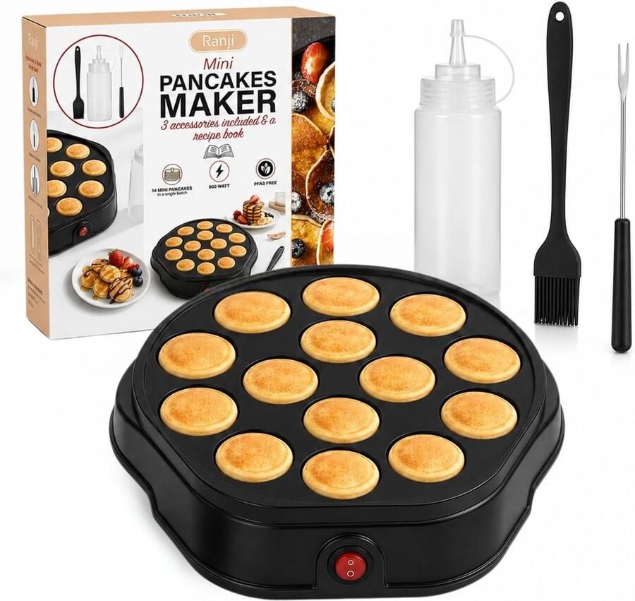 Elektrische Pannenkoekenmaker Zwart 23 x 5 cm Voor 14 Mini Pancakes met Accessoires Voor Ontbijt en Brunch