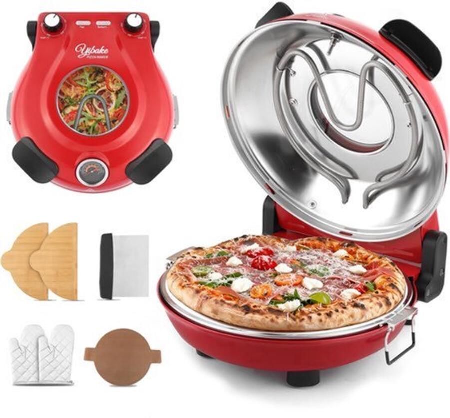 Elektrische Pizzaoven 32 cm Rood 1200 Watt Vermogen Keramische Baksteen Voor Thuisgebruik