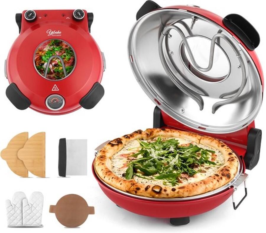 Elektrische Pizzaoven Pizza in 4 minuten 32cm plaat van vuurvaste steen 1200W Pizzamaker max temperatuur 420 °C 5 standen (Rood)