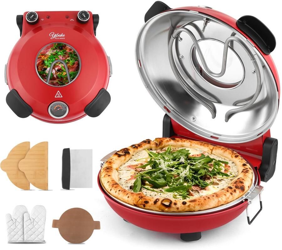Elektrische Pizzaoven Pizza in 4 minuten 32cm plaat van vuurvaste steen 1200W Pizzamaker max temperatuur 420 °C 5 standen (Rood)