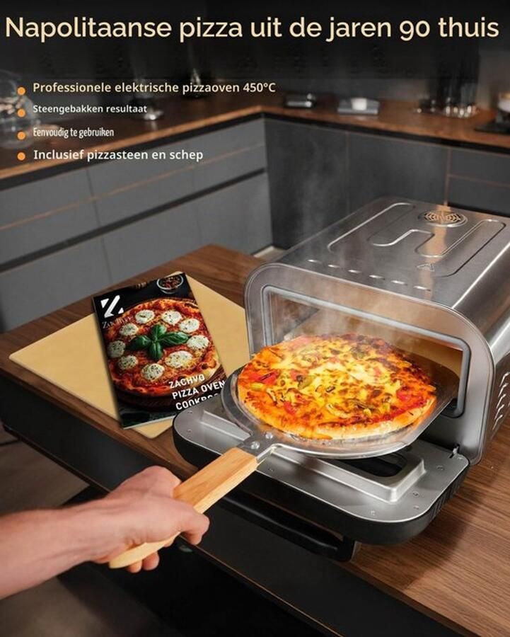 Elektrische pizzaoven tot 450 °C 5 vooraf ingestelde pizzetypen touchscreen en draaiknoppen timer van 1 tot 60 minuten behuizing van roestvrij staal voor pizza van 32 cm