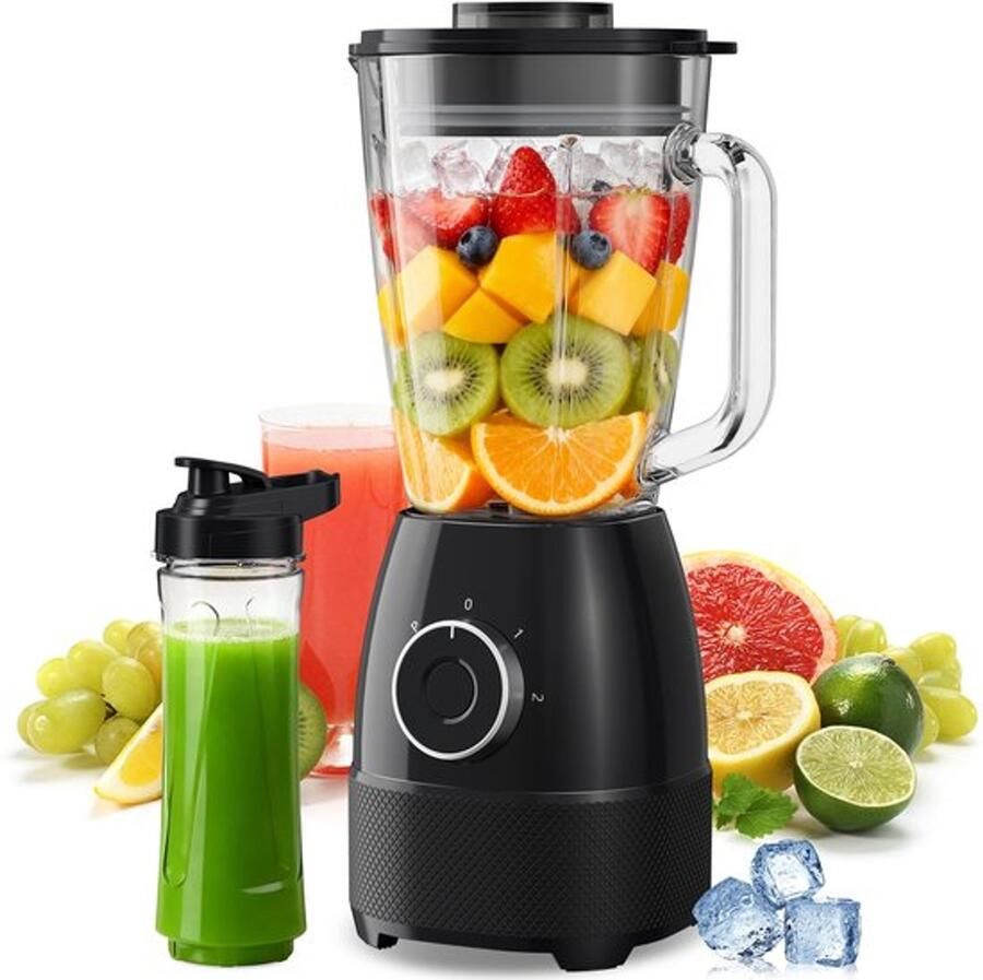 Elektrische smoothie-mixer 1500 W met glazen kan van 1 5 l en draagbare flessen van 600 ml instelbare snelheid lemmet van roestvrij staal voor ijs fruit en groenten
