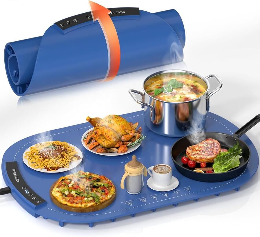 Elektrische Warmhoudplaat Blauw Rond Opvouwbare Siliconen Warmhouder Voor Familie en Buffetten