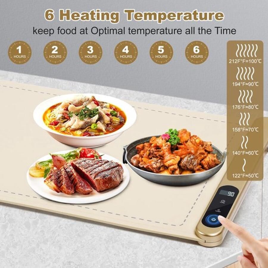 Elektrische warmhoudplaat met 6 temperatuurstanden en auto-off geschikt voor levensmiddelen oprolbare warmteplaat (50-100 °C) voedselwarmer voor buffet familie keuken