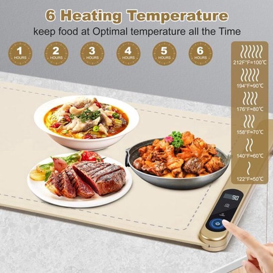 Elektrische warmhoudplaat met 6 temperatuurstanden en auto-off geschikt voor levensmiddelen oprolbare warmteplaat (50-100 °C) voedselwarmer voor buffet familie keuken