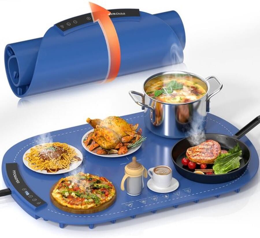 Elektrische warmhoudplaat voedselwarmer volledige verwarming opvouwbare siliconen warmhoudplaat 5 instelbare temperaturen en timer elektrische buffetwarmer voor buffet familie (rond