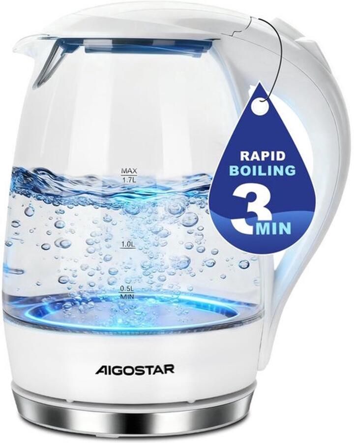 Elektrische Waterkoker Borosilicaatglas met LED-verlichting 1 7 liter BPA-vrij 2200 W 360º basis Antikalkfilter Dubbel Veiligheidssysteem Exclusief Ontwerp