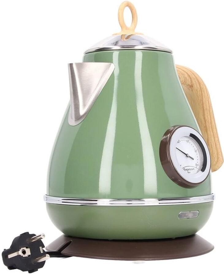 Elektrische waterkoker retro met houtnerf thermometer met snelkookbescherming 1 7 liter EU-stekker met 360 graden basis (GREEN)