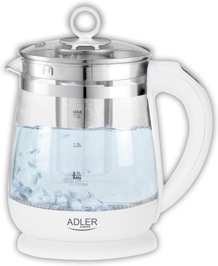 Elektrische waterkoker van glas 1 5 liter verlichte binnenruimte theezeef temperatuurregeling van 60 tot 100 °C draadloos BPA-vrij glas automatische uitschakeling 2200 W wit