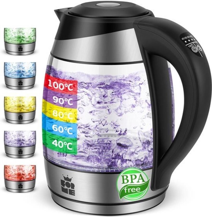 Elektrische Waterkoker van Glas 1 8 l Temperatuurregeling Temperatuur Instelbaar van 40 °C tot 100 °C Ledverlichting 5 Kleuren Warmhoudfunctie BPA-vrij