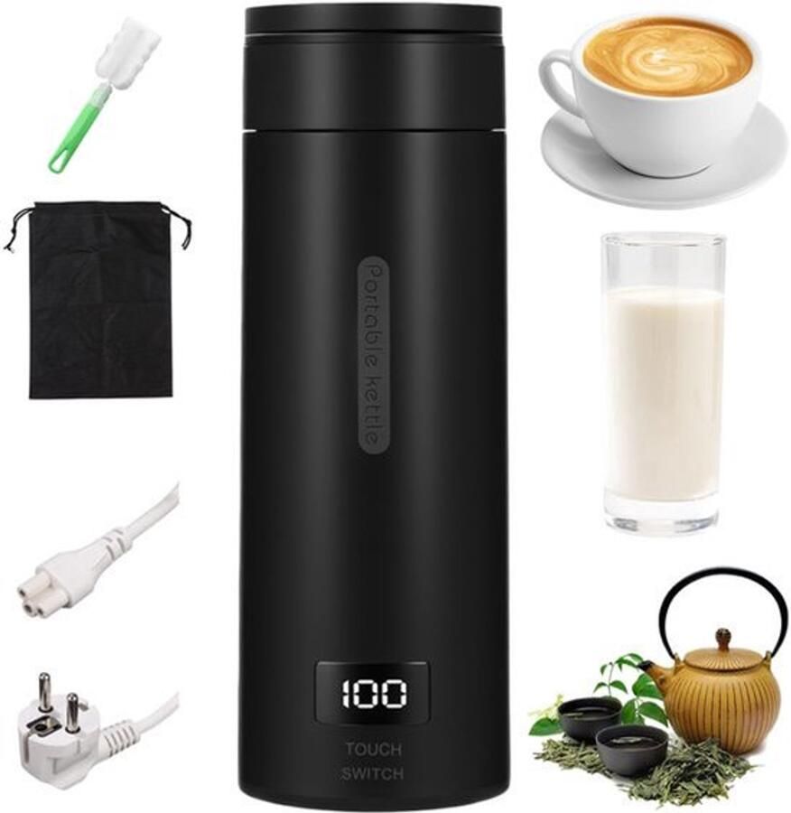 Elektrische waterkoker voor onderweg 380 ml 3-in-1 draagbare mini-waterkoker met borstels en zak instelbare temperatuur roestvrij staal 304 automatische sluiting voor thee melk koffie