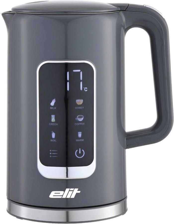 Elit Cooltouch waterkoker grijs 1 7L- 2200W- dubbelwandig- met temperatuur regeling en warmhoud functie- veilig en snel