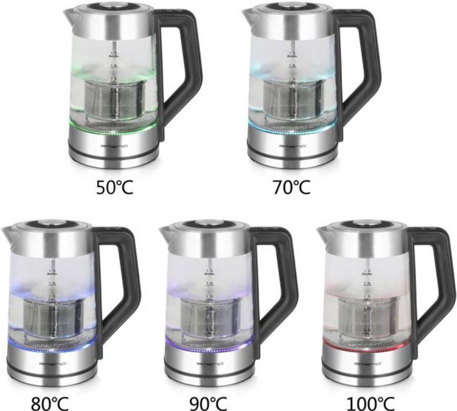 Emerio Waterkoker met Temperatuurregeling 1.7 Liter LED Verlichting Oververhittingsbeveiliging en Automatische Uitschakeling Water niveau indicator Elektrische Waterkoker 2200W WK-122730 Glas RVS - Foto 2