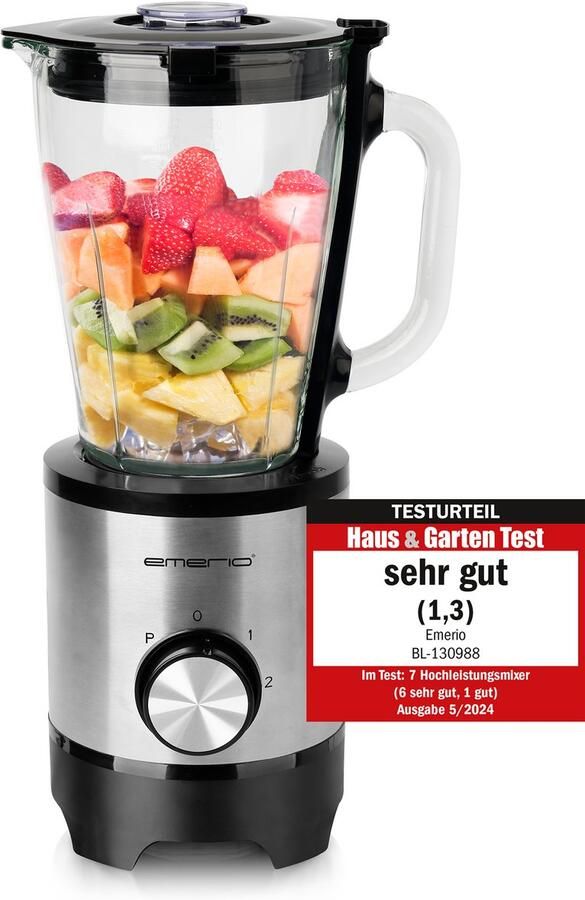 Emerio Blender RVS Inhoud 1 5L – Smoothie Maker met Glazen Kan 500W BL-130988 Zwart Zilverkleuring