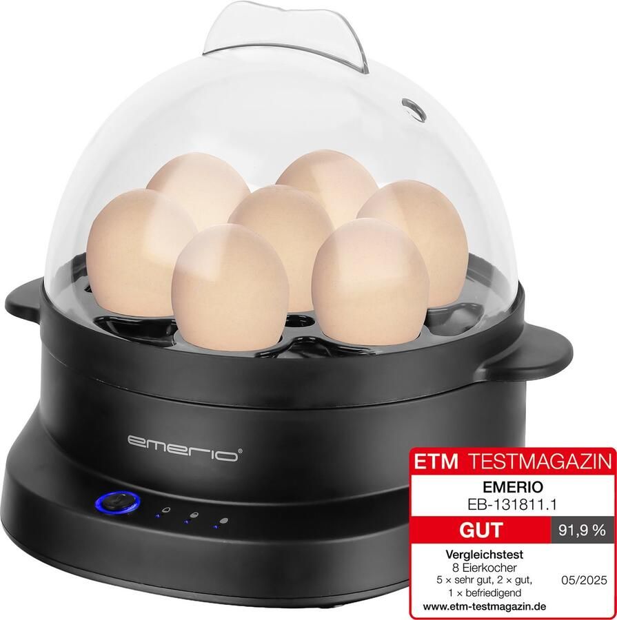 Emerio Eierkoker Elektrisch 350W Voor 7 Eieren BPA-vrij en Meertalige Spraakfunctie Automatische Uitschakeling EB-131811.1 Zwart