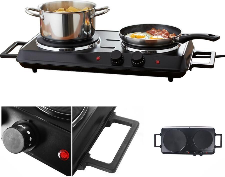 Emerio Elektrische Kookplaat 2 Pits 2500W Regelbare Thermostaat Indicatielampje 15.5cm + 18.5cm Diameter HP-114482.7 Zwart - Foto 2