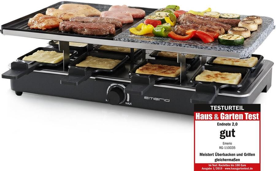Emerio Gourmet-Steengrill Raclettegrill 1400W 8 Personen Indicatielampje Regelbare thermostaat Half Steengrill Half Grillplaat Incl. 8 Houten Spatels + Pannetjes RG-110035 Zwart