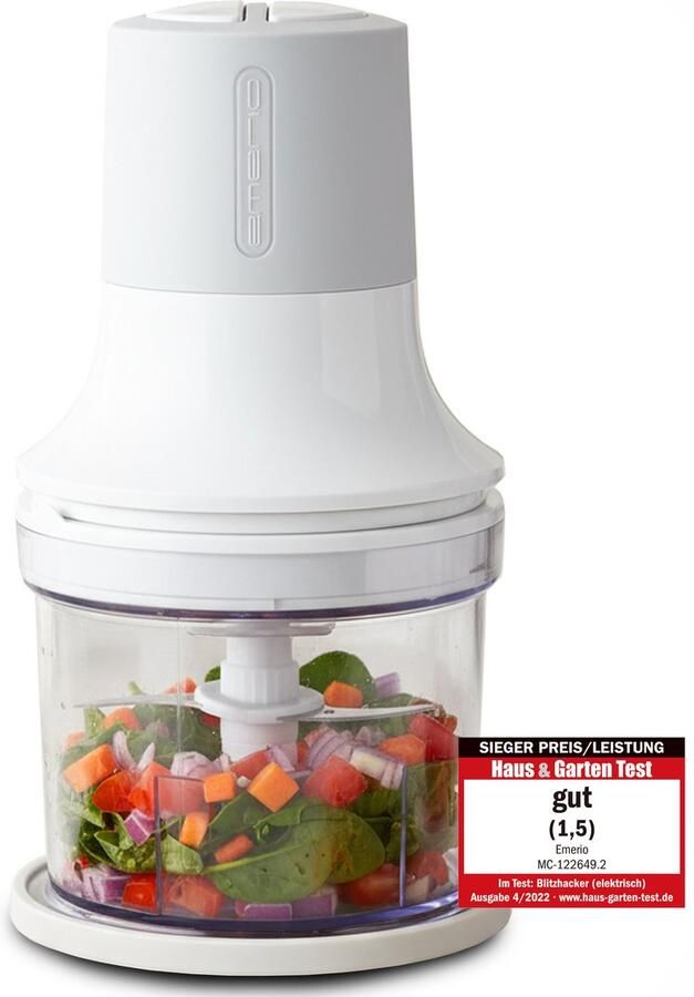 Emerio Hakmolen 260W 500ml 2 Snelheden Plastic kan 4 RVS Messen Anti-slip voetjes Snoer opbergmogelijkheid MC-122649.2 Wit