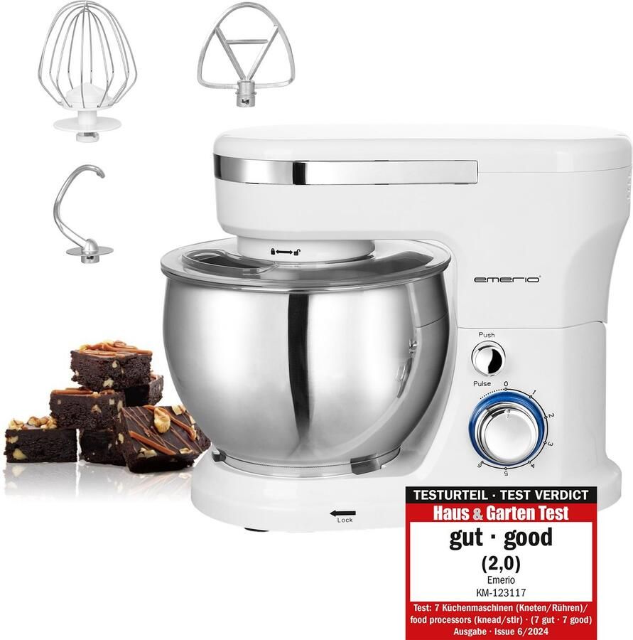 Emerio KM-123117 Keukenmachine kneedmachine roermachine met 5 liter roestvrijstalen kom + 3 roergereedschappen + spatbescherming met vulopening 1000 Watt power 6 snelheden + Pulse Retro BPA vrij Wit