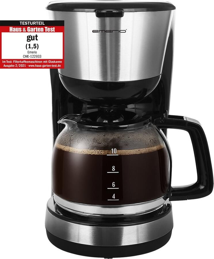 Emerio CME-122933 filterkoffiezetapparaat 1 25 l voor maximaal 10 kopjes verse koffie uitneembaar permanent filter anti-druppelfunctie koffiekan van glas auto-off 1000 watt zwart zilver