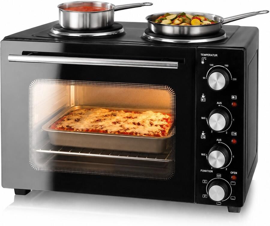 Emerio Mini-oven 2 Kookplaten 90-230ºC Boven- & Onderwarmte Heteluchtfunctie Binnenverlichting Draadrooster + Bakplaat MO-125236.4 Zwart - Foto 3