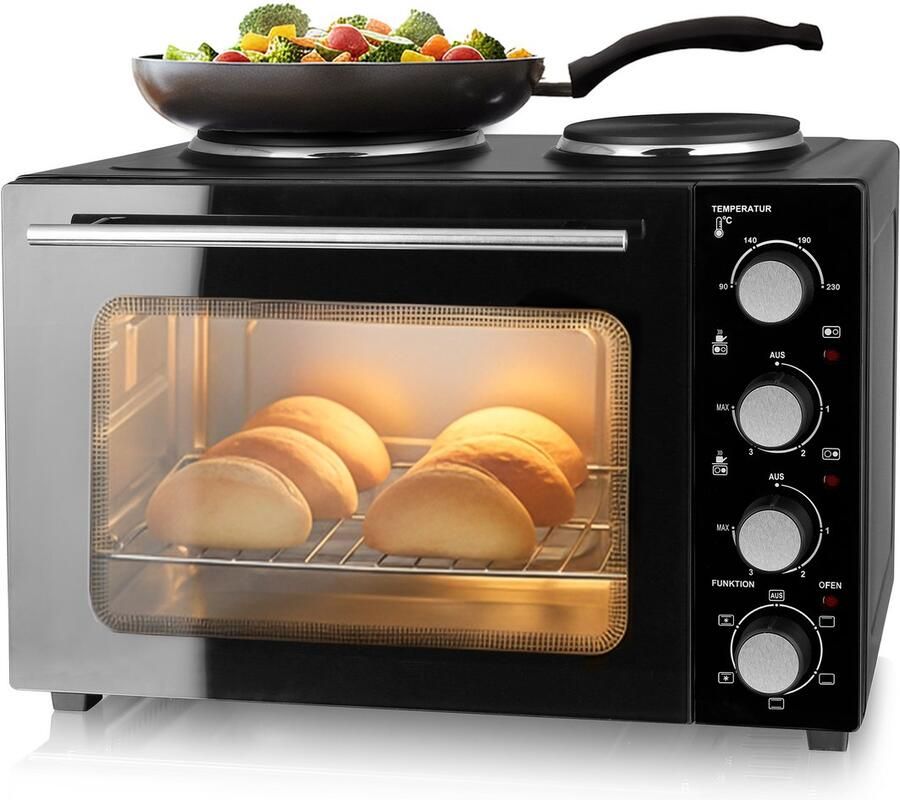 Emerio Mini-oven 2 Kookplaten 90-230ºC Boven- & Onderwarmte Heteluchtfunctie Binnenverlichting Draadrooster + Bakplaat MO-125236.4 Zwart