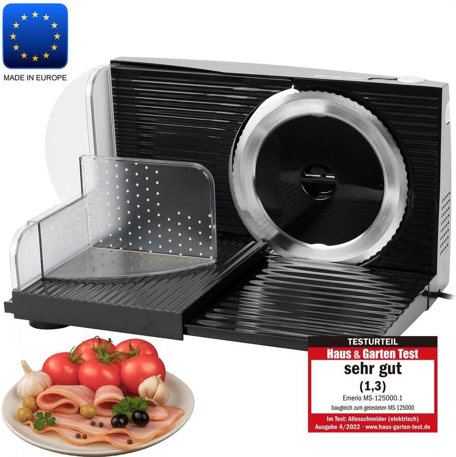 Emerio Multifunctionele Snijmachine 100W Dikte Verstelbaar 0-17mm Solinger RVS Mes Elektrische Snijmachine voor Brood Kaas en Vlees Broodsnijmachine Elektrisch MS-125000.1 Allessnijder Zwart