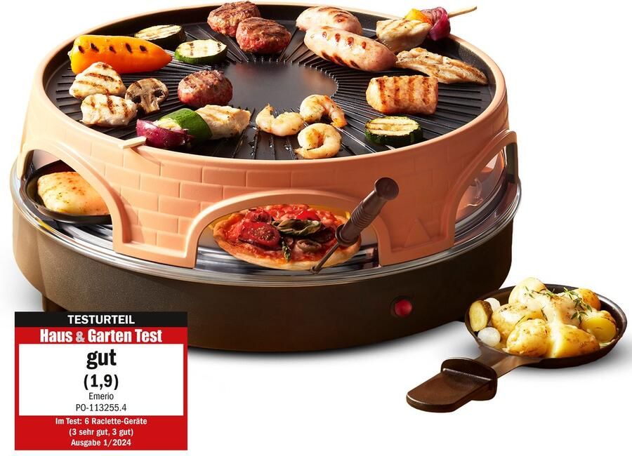 Emerio Pizzarette 3-in-1 Origineel Zwitserse Raclette en Grill 6 Persoons Pizza Oven Handgemaakte Terracotta Koepel 6 Geïsoleerde Bakspatels RVS Bakplaat Gourmetstel met Cool touch PO-113255.4 1500W - Foto 2