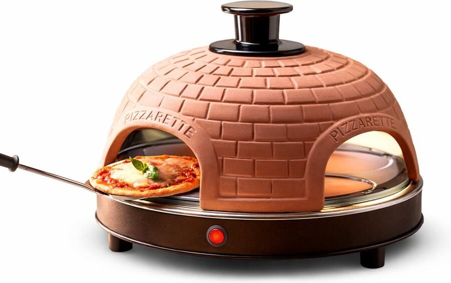 Emerio Pizzarette Origineel 4 Persoons Pizza Oven Handgemaakte Terracotta Koepel 4 Geïsoleerde Bakspatels RVS Bakplaat Gourmetstel met Cool touch koepel PO-115985 900W - Foto 3