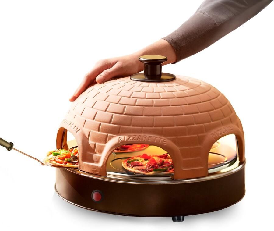 Emerio Pizzarette Origineel 6 Persoons Pizza Oven Handgemaakte Terracotta Koepel 6 Geïsoleerde Bakspatels RVS Bakplaat Gourmetstel met Cool touch koepel PO-115984 1200W - Foto 3