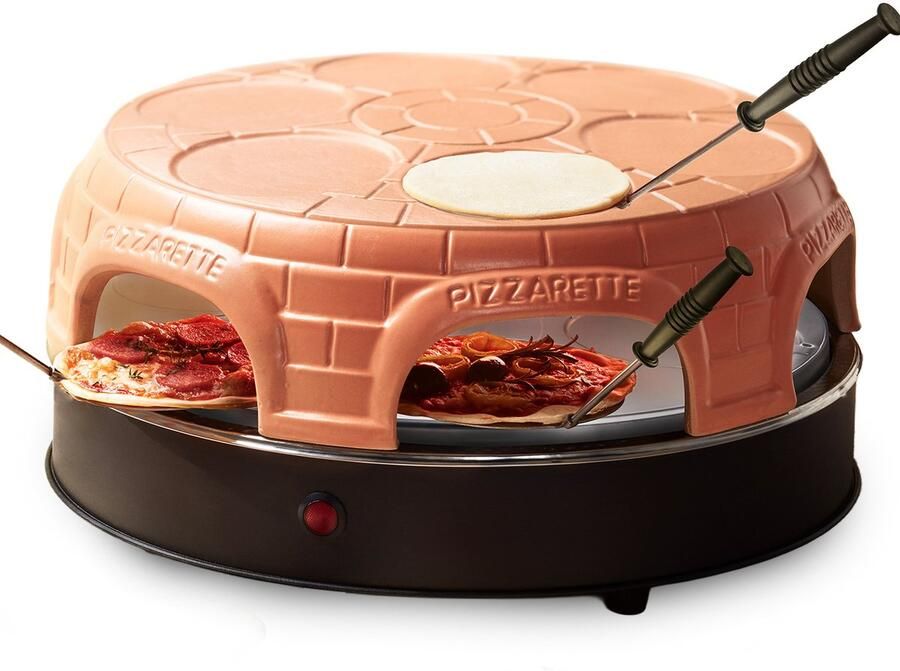 Emerio Pizzarette Origineel 6 Persoons Pizza Oven Handgemaakte Terracotta Koepel 6 Geïsoleerde Bakspatels RVS Bakplaat Gourmetstel met Cool touch PO-115848.1 1500W