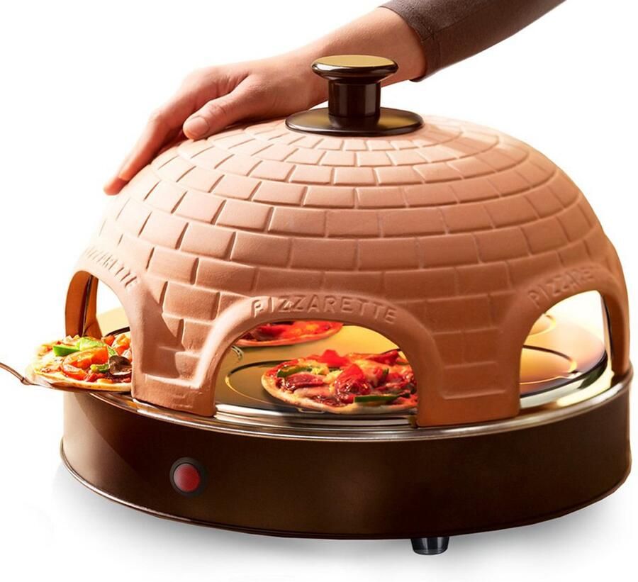 Emerio Pizzarette Origineel 6 Persoons Pizza Oven Handgemaakte Terracotta Koepel 6 Geïsoleerde Bakspatels RVS Bakplaat Gourmetstel met Cool touch koepel PO-115984 1200W - Foto 2
