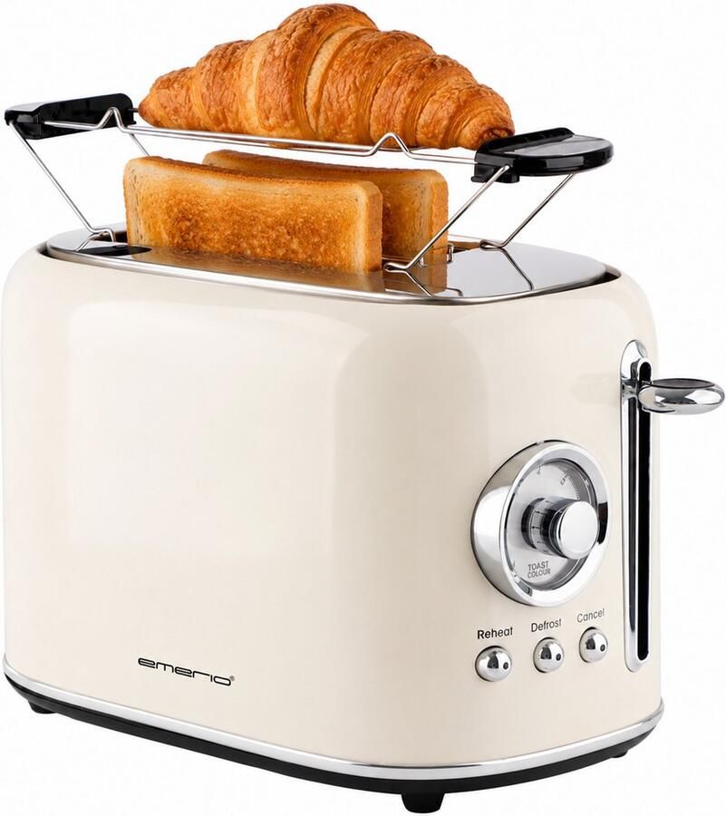 Emerio Retro Broodrooster 800W Toaster 2 Sleuven Broodjeswarmer 7 Temperatuur instellingen Kruimellade TO-133281.1 Creme