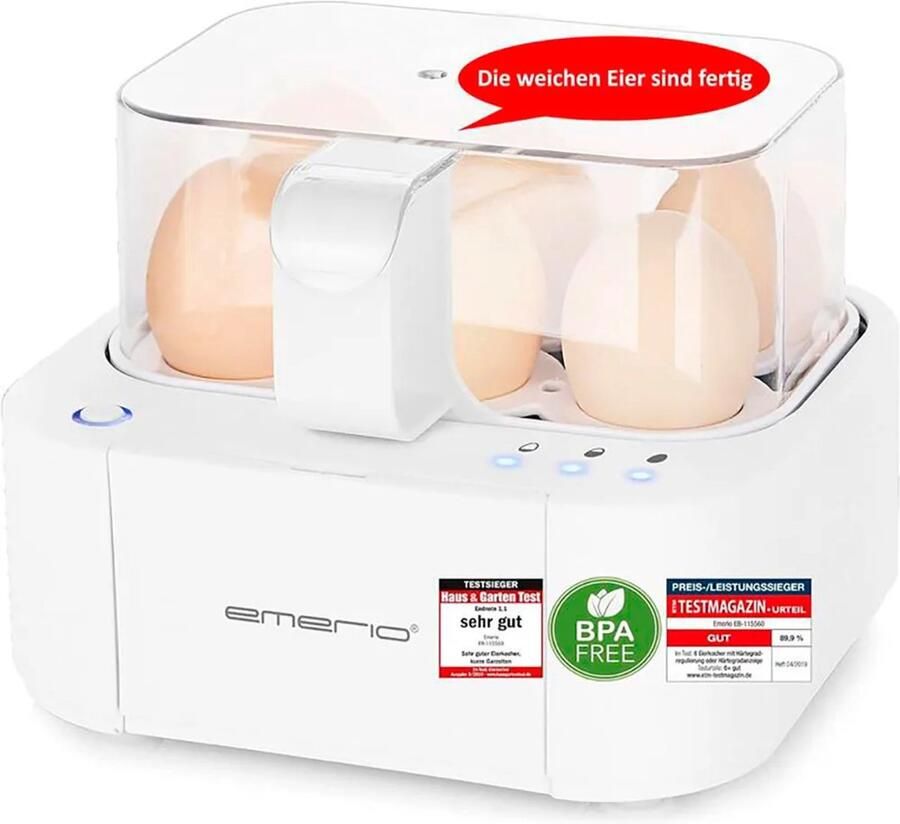 Emerio Smart Eierkoker EB-115560.12 Drie gaarstanden met spraakuitvoer (duits) Wit